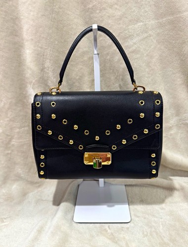 Michael Kors Black Small Studded Satchel Crossbody Top Handle Turn Lock Gold