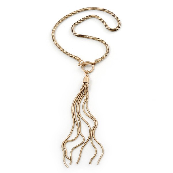 Gold Plated Tassel Pendant Necklace With T-Bar Closure - 40cm Length