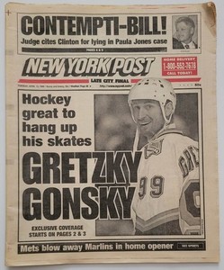 GRETZKY GONESKY 4/13/99 New York Post Newspaper Blares Wayne is Retiring! Paper