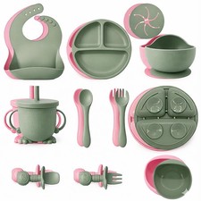 16 PCS Green Pink Silicone Baby Feeding Set Suction Bowl Plate Bib Cup