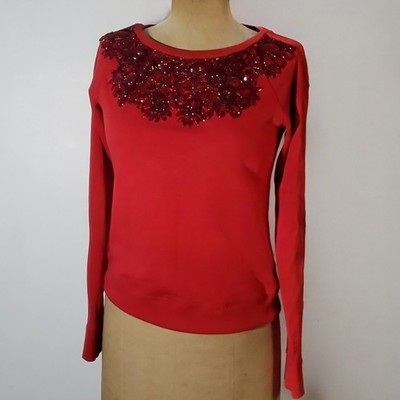 Needle & Thread Size S/M Sweatshirt Embellished Zippers Red Bejeweled Luxe Terry