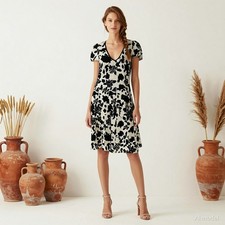 Vintage Boho Knee Length Dress Black White Floral Cotton Shift V-Neck US 6