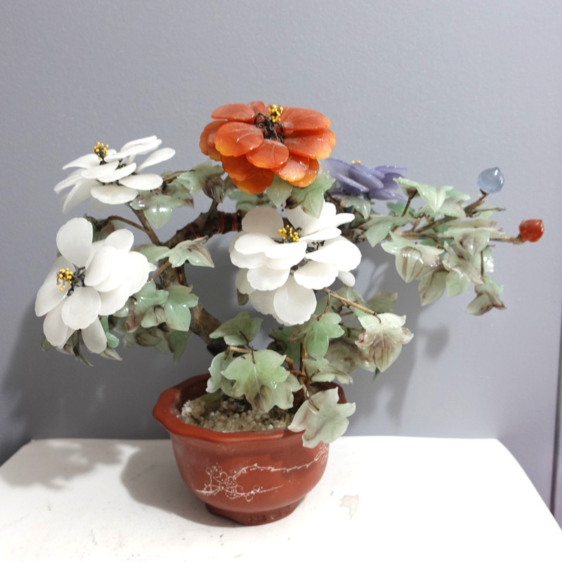 Chinese 12" x 16" Jade Bonsai Tree Semi Precious Stones