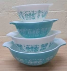 Vtg Pyrex Turquoise Amish Butterprint Mixing Nesting Bowls Cinderella Set EUC