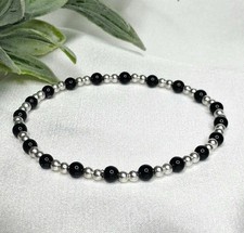 Sterling Silver & black Onyx Gemstones Stretch Elasticated Bracelet