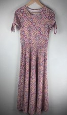 Chaps Short Tie Sleeve Red Yellow Dress Fit/Flare Midi Womens Small 100% Cotton