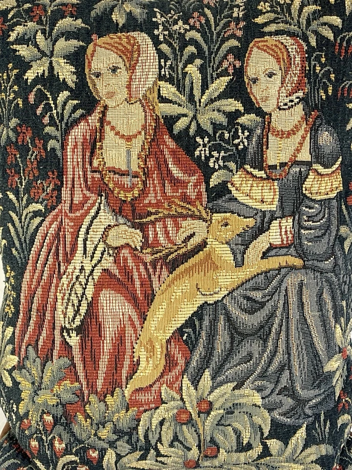 Vintage French Tapestry Pillow Featuring Medieval Women and Deer - Image 3 of 4