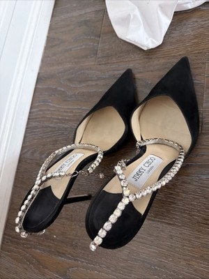 Jimmy Choo Saeda 100 Black Suede Pumps with Crystal Embellishment