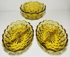 3 Honey Gold Color Glass pieces 1 round Bowl 2 oval divided Candy dishes.