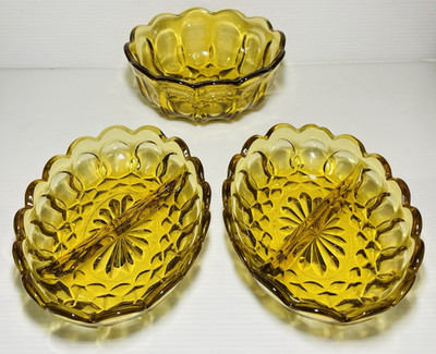 3 Honey Gold Color Glass pieces 1 round Bowl 2 oval divided Candy dishes.
