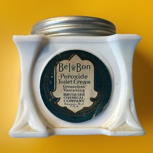 Vintage 1920s Bel-Bon Peroxide Cream Jar White Milk Glass with Original Label