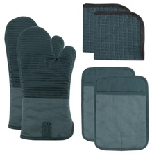 Silicone Oven Mitts & Pot Holders - Heat Resistant, Quilted Lining, Teal Set