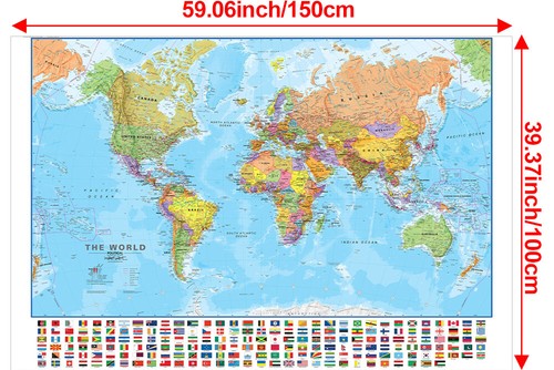 150 x 100 CM Map Of The World Flags Large Poster Education School Wall Travel - Picture 9 of 9