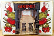 1970's Sayco of California Decorative Kitchen Ensemble, Towels and Wood Utensils