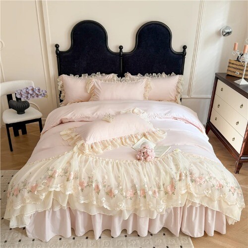 4Pcs Princess Wedding Bedding Set Korea Style LaceFlowers Embroidery DuvetCover - Imagen 2 de 24
