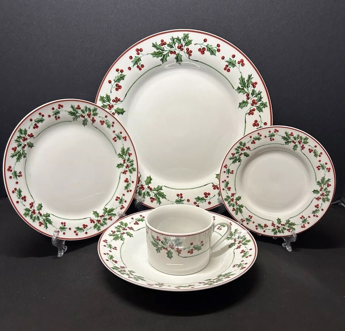 Piece Gibson Christmas Holly Celebrations Holly Berries Red Band  Dinnerware