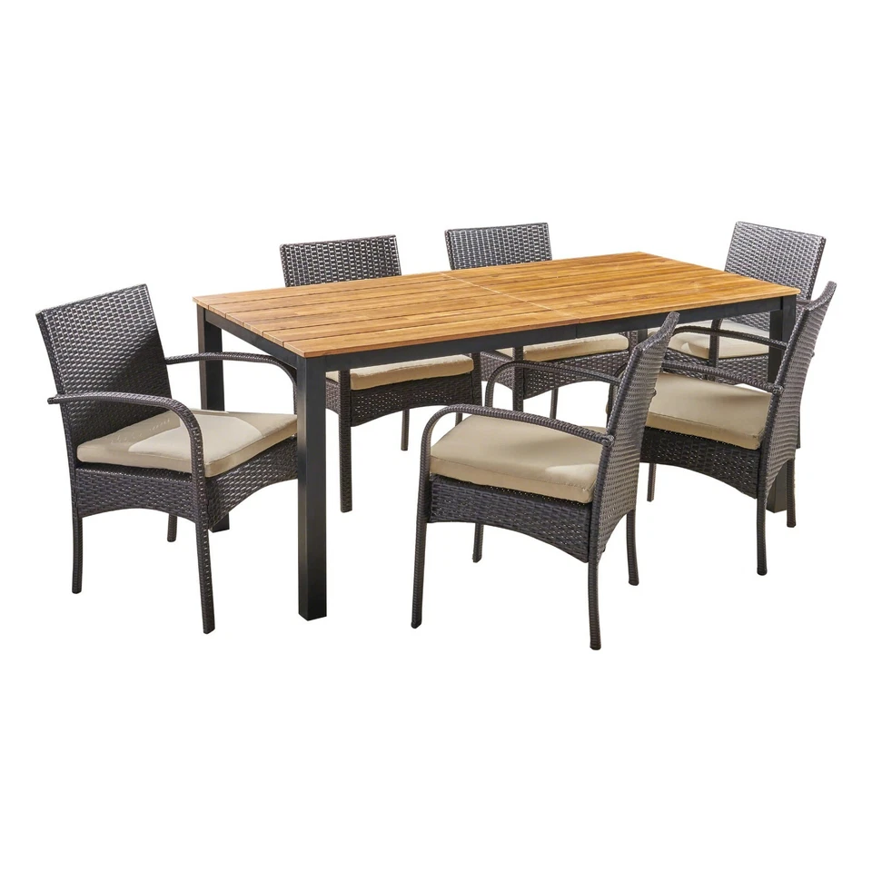 Nicole Outdoor 7 Piece Acacia Wood Dining Set with Wicker Chairs, Teak and Multi - Image 2 of 4