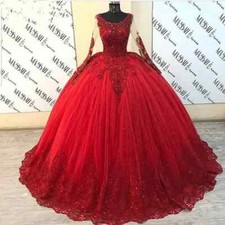 Red Sequin Quinceanera Dresses Ball Gown Long Sleeves Tulle Prom Party Sweet 16