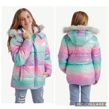 Justice Girls Shiny Rainbow Puffer Jacket Coat Faux Fur Lined Hood size Medium