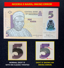 Nigeria 5 Naira Banknote, Inking Error, Gem UNC