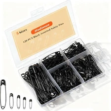120 PCS 5 Different Sizes Black Safety Pins Assorted,Small and Large Safety Pins