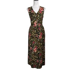 Vintage 90s Floral Maxi Dress Sz S Tie Back Sundress Tropical Report Island Tiki