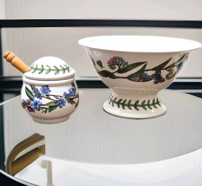 Portmeirion Keramik Botanischer Garten Sorbet Oliven Schüssel mit Fuß und Senftopf 