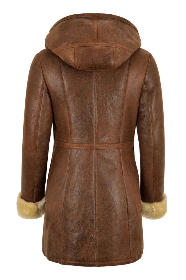 Cappotto donna montone shearling rame ruggine pelliccia sintetica con cappuccio B3 giacca lunga NV-39 - Immagine 2 di 4