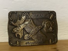 VTG FJ Alaska Belt Buckle - Bronze Tone W/Moose, Eagle  Bear - 3.5" x 2.5"