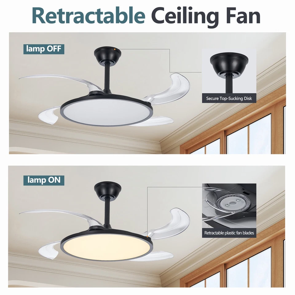 42'' Ceiling Fan with Light Black Low Profile Retractable Remote & APP Control - Image 4 of 4