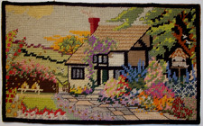 VINTAGE ENGLISH COUNTRY COTTAGE FINISHED NEEDLEPOINT CANVAS MOUNTED / BACKED 1