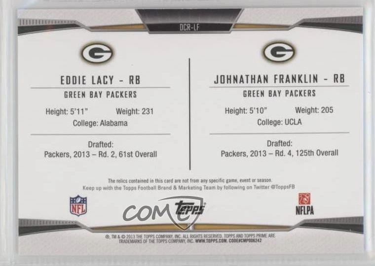 2013 Topps Prime Silver Rainbow /10 Eddie Lacy Johnathan Franklin Rookie RC - Image 2 of 2