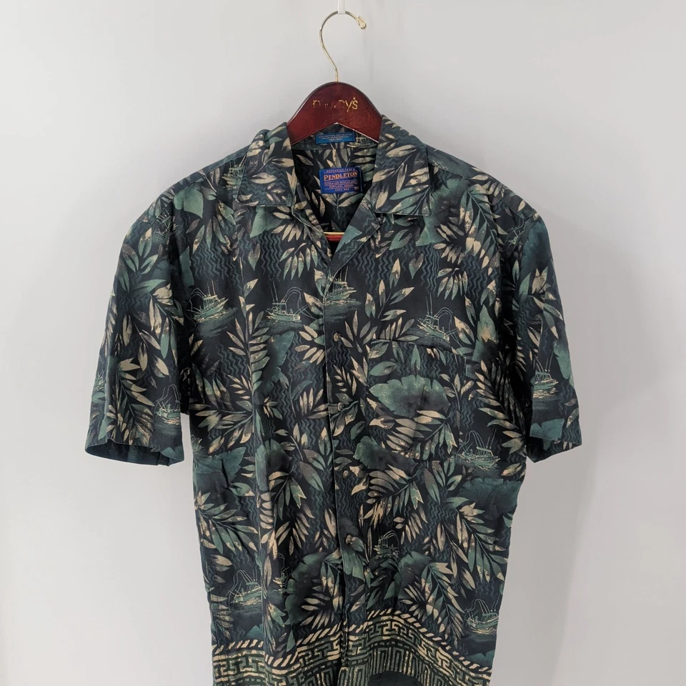 Vintage Pendleton Hawaiian Tropical Leaf and Ship Aloha Shirt Multicolor Size M - Image 2 of 4