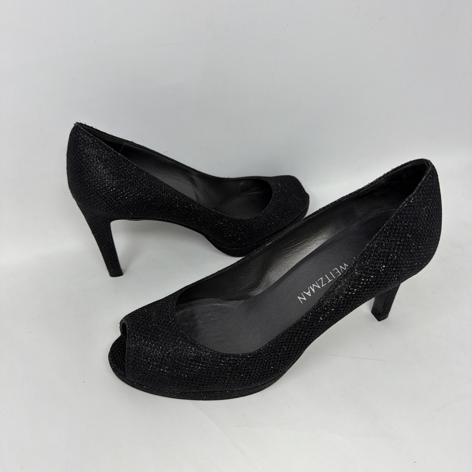 Stuart Weitzman Black Textured Open Peep Toe Heel… - image 1