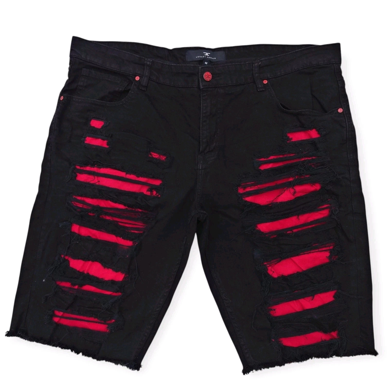 Jordan Craig pantaloncino denim uomo 42 invecchiato strappato nero jeans pantaloncino rosso foderato