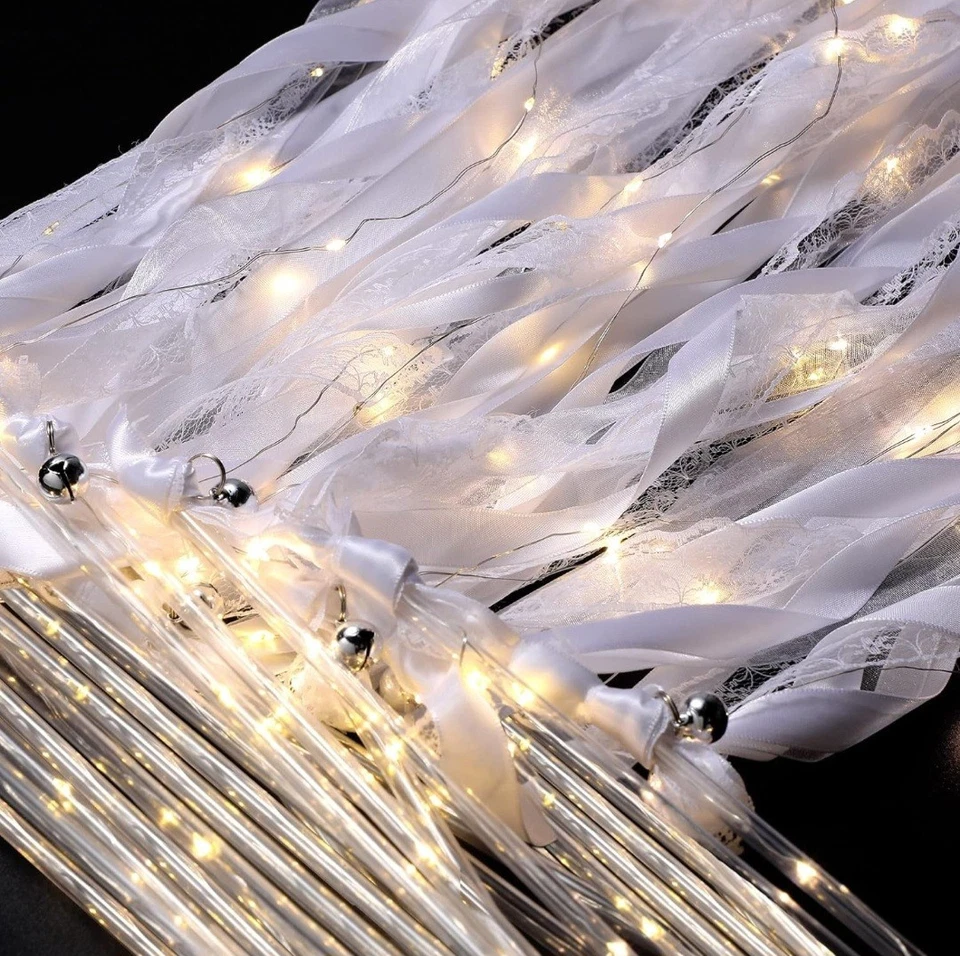 24 Pcs LED Wedding Ribbon Fairy Wands & Silver Bells - Warm White Glow - Image 4 of 4