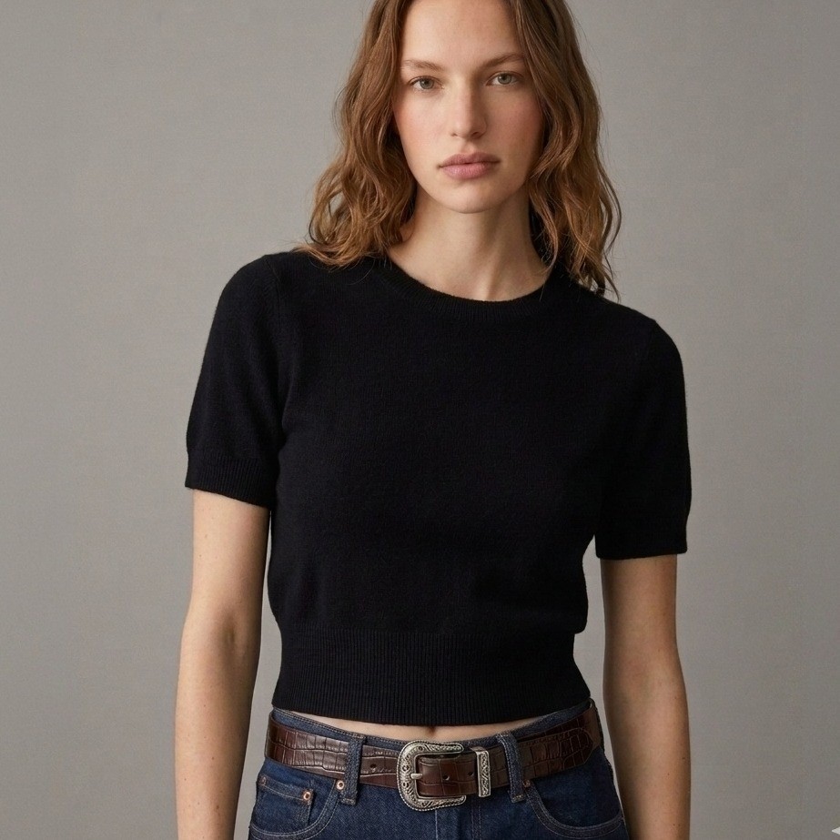 J.Crew Cashmere Sweater Womens Size XL Black Short Sleeve Shrunken T-Shirt NWT