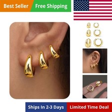 3Pairs Gold Hoop Earrings Set for Women Chunky Gold Silver Earring 14K Gold Fill