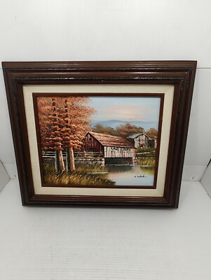 Vintage K Michaelson miniature Oil On Board Painting Fall Bridge Landscape