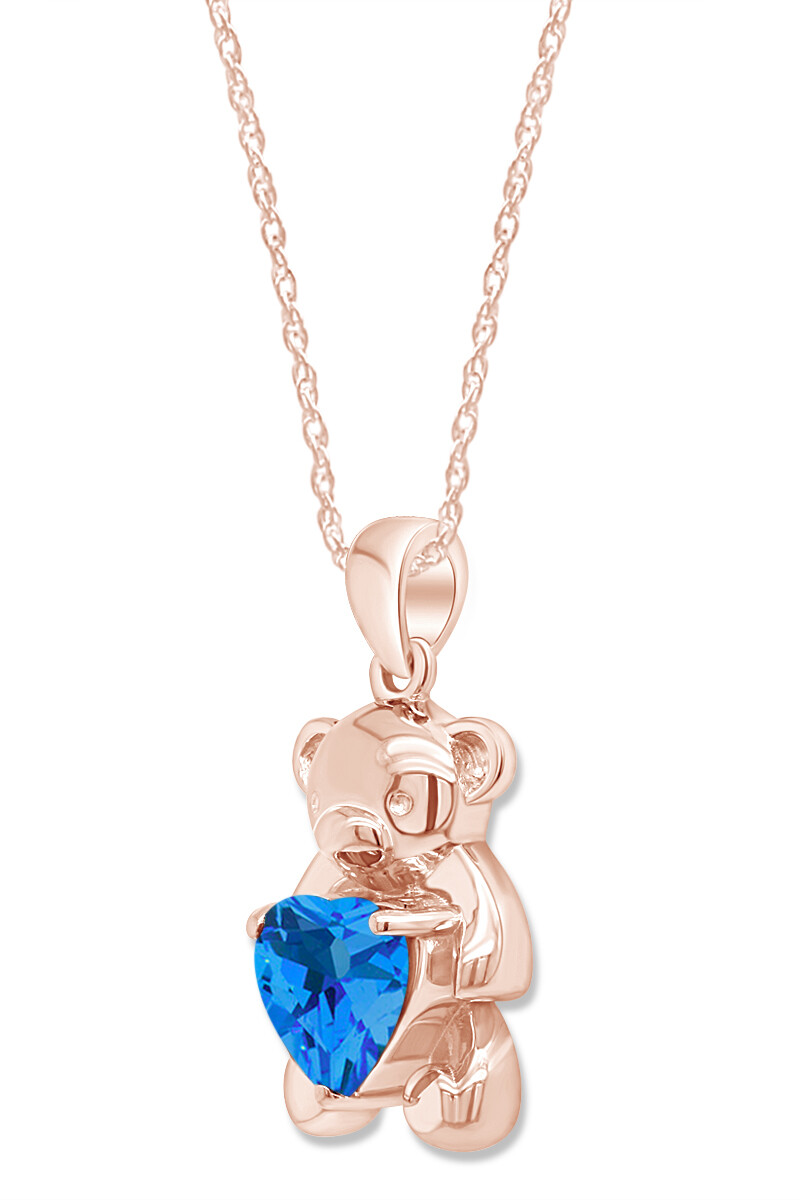 Simulated Blue Topaz Love Heart Teddy Bear Pendant Necklace 14k Rose Gold Plated