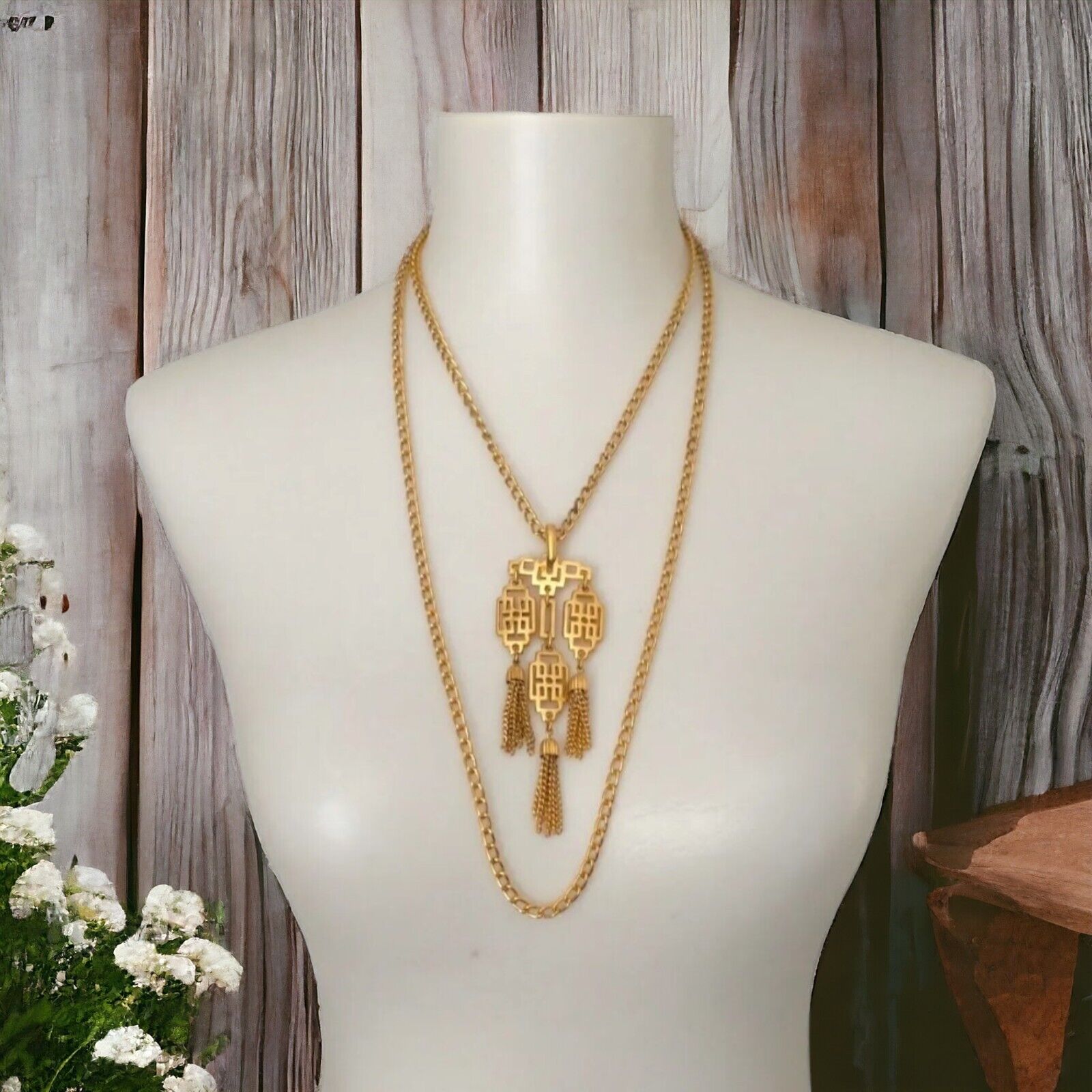 Crown Trifari Greek Key Necklace Pendant Tassels … - image 18