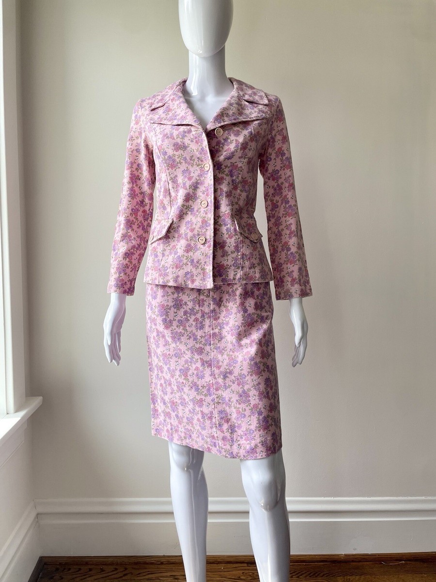 Vintage 70s S Pink Floral Skirt Suit Set purple dagger collar piece GUC  READ