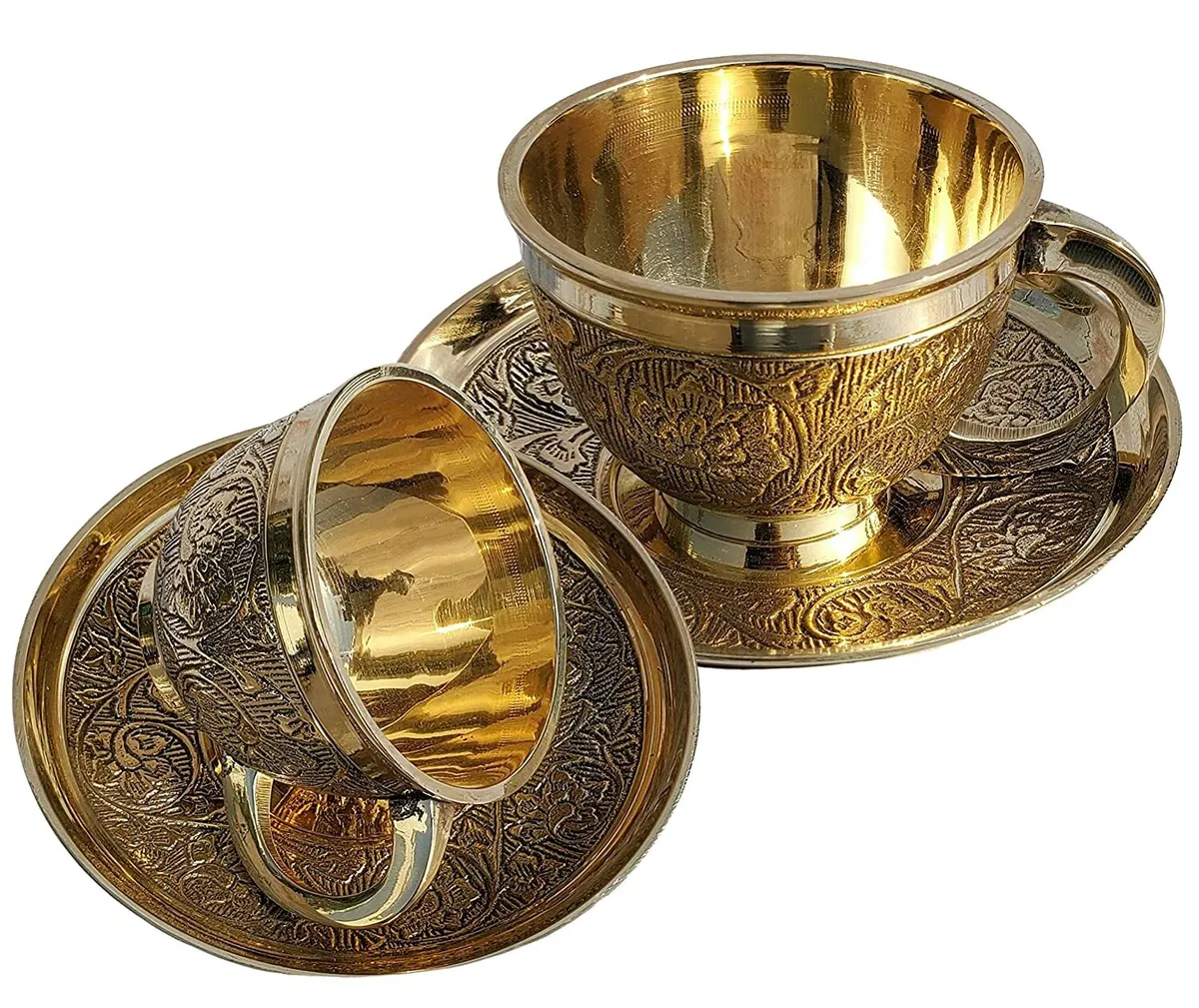 Solid Brass Tea Cup and Saucer – 2 Sets, Gold, 130ml