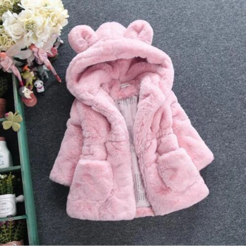 Toddler Kids Girl Faux Fur Fleece Coat Hooded Winter Warm Jacket Parka Outerwear - Image 2 of 4