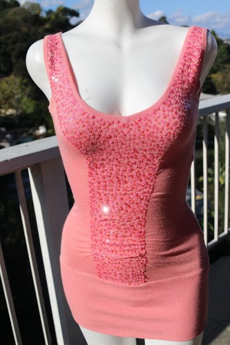 Abito XS BEBE rosa corallo paillettes scollo tondo donna extra small tg 0 1 2 - Foto 2 di 8