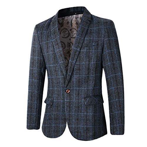 Men's Slim Fit Plaid Tweed Suit Jacket Retro Tailored Fit Tweed Blazer