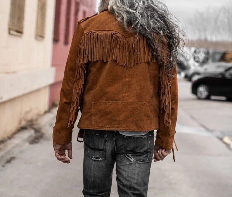 Mens Classic Vintage Western Fringe Cowboy Style Genuine Suede Leather  Jacket