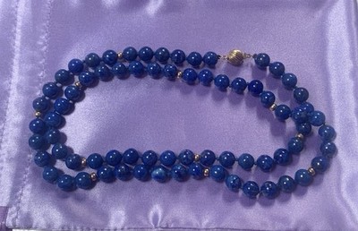 7 mm Lapis geknotete Perlenkette mit 14 Karat Goldverschluss Halskette 27,5 Zoll
