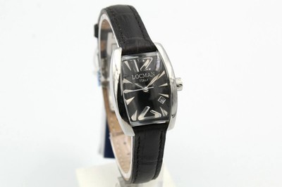 Locman Watch Black Leather Strap Deployant Elegant Steel Case Date Display