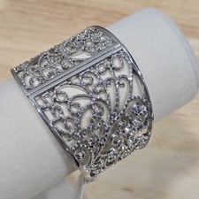 Wide Cuff Bangle Bracelet Silver Tone Romantic Intricate Swirl Spring Closure